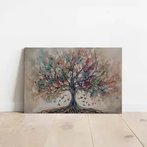 Spring Summer Season Tree of Life Canvas Print Colorful Birds Family Wall Art Boho Nature Growth Wall Decor Poster