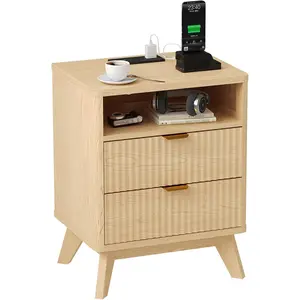 Fluted Nightstand, Wood Night Stands with USB Ports and Outlets, 2 Drawers and Open Shelf Bedside Tables, End Table with Wood Feet for Living Room Bedroom Office
