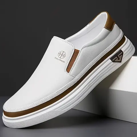Men's Classic Loafers - Flat Slip-On Footwear, Soft Synthetic Upper, Non-Slip Rubber Sole, White with Brown & Gold Accents, Decorative Stitching, Ideal for Daily Casual & Business Wear