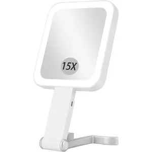 Makeup Mirror with Lights, Rechargeable 1X/15X Magnifying Mirror with Light Double-Sided, Portable Handheld/Desk/Hanging Travel Makeup Mirror, 3 Color Lighting, Dimmable Touch Screen, White