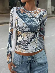 Women's Fashion Camo Tree Branch Pattern Print Fitted Long Sleeve T-Shirt, Casual Round Neck Top for Spring & Fall, Soft Fabric, All Seasons Wear, Camouflage