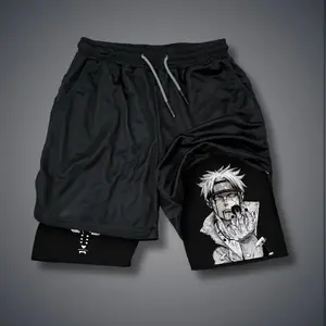 Naruto 80s 90s Double-Layer Sports Shorts Graphic Shorts Black Camo Streetwear Shorts Men Outfits Men Vacation Outfits Shorts