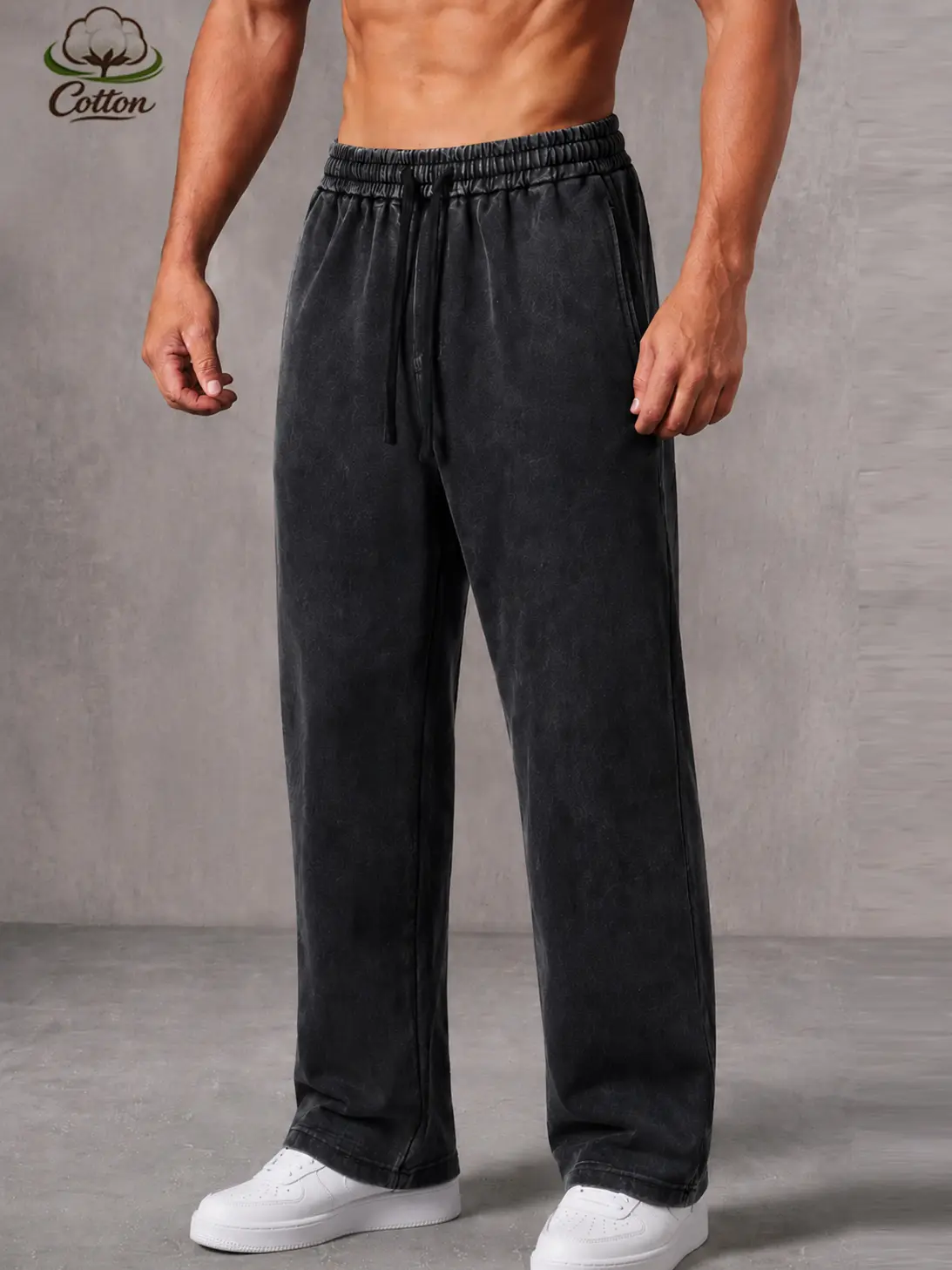 Men’s Plain Pure Cotton Drawstring Casual Chic Menswear Pants - Mid Waist Elastic Waistband, Slim-Fitting Straight-Leg Loose Long Trousers for Everyday Streetwear (Spring, Autumn)