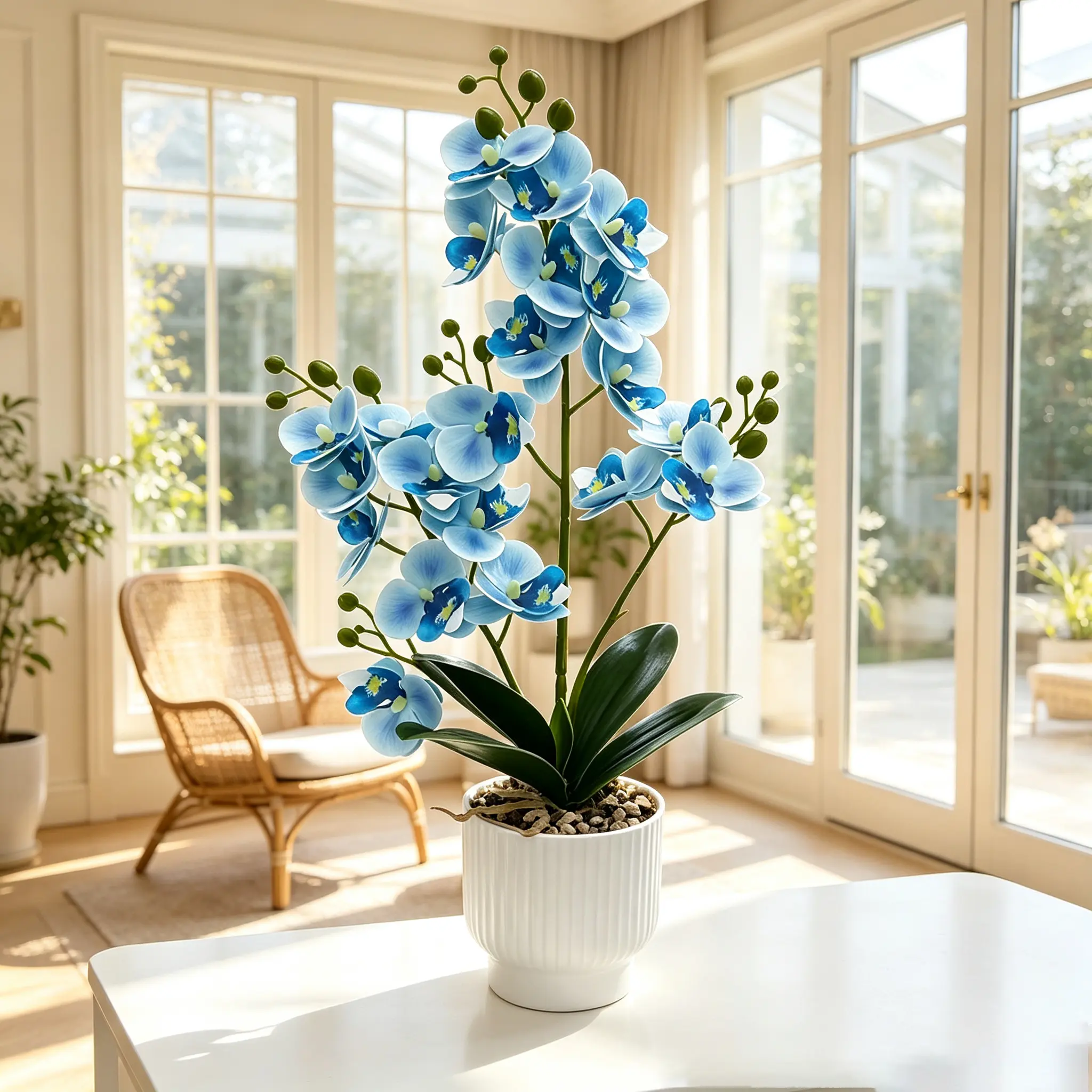 14.5in Blue Artificial Orchid Flowers, Real Touch Phalaenopsis with White Ribbed Pot, Fake Orchid Plant for Home Bathroom Villa Decor, Long Lasting Faux Floral Centerpiece
