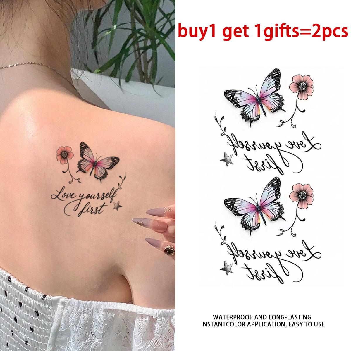 Butterfly Floral Quote Series Temporary Tattoo Stickers - 2 Sheets Semi-Permanent Waterproof Realistic Fake Tattoos, Single Item for Women, All Skin Types Ideal for Swimming, Party, Beach