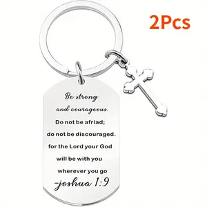 2Pcs Men's Christian Keychain - Stainless Steel Inspirational Bible Verse Pendant Cross Charm - Perfect Birthday Gift