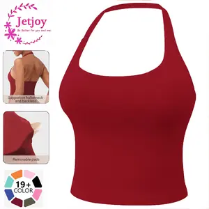 Jetjoy Women's Halter Longline Sports Bra with Removable Pads Ribbed Seamless Square Neck Workout Crop Tank Top for Yoga & Fitness Impact Halter Tank Top Longline Backless Scoop Neck Built-in Bra Sports Gym Crop Top SpringStatements