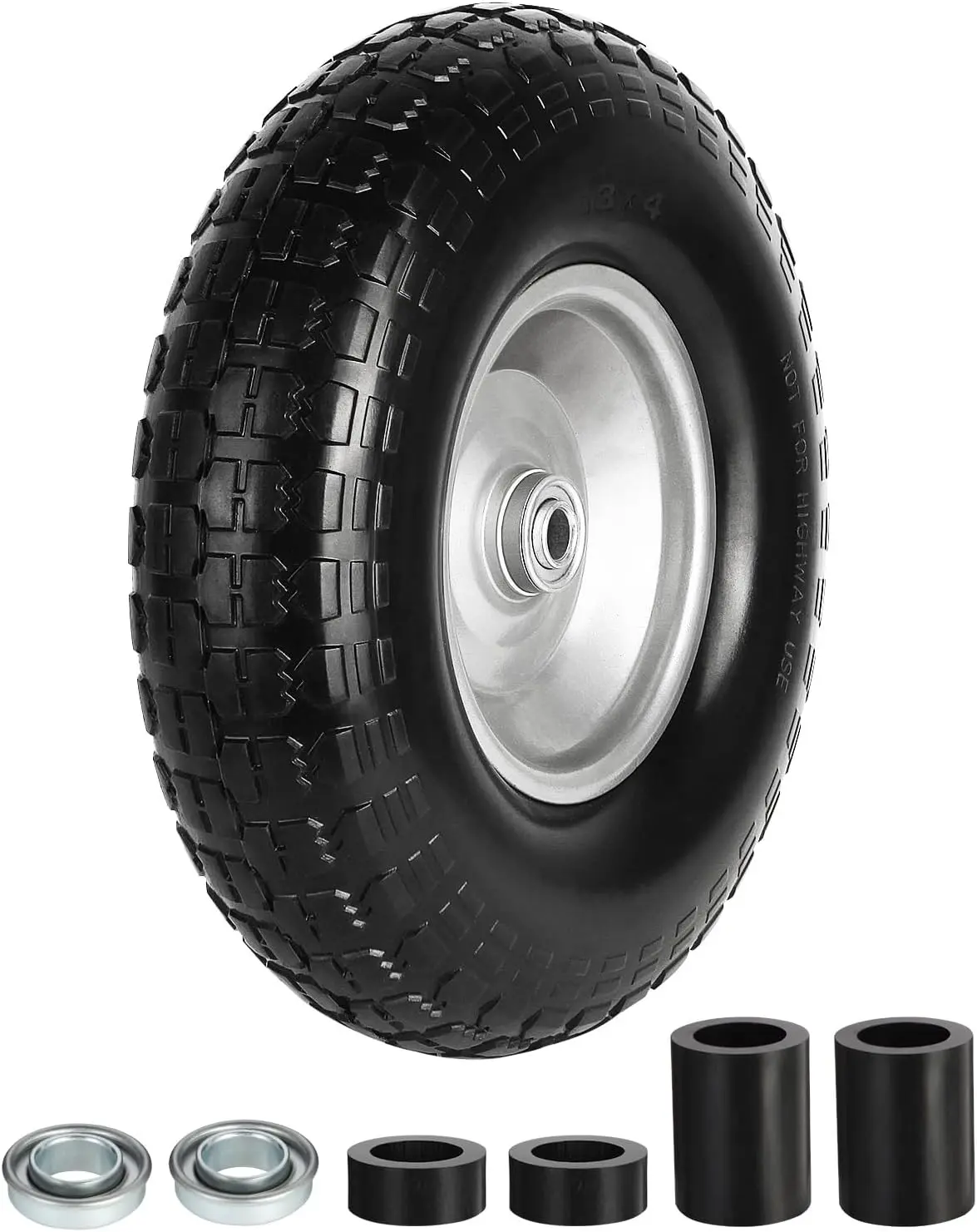 13 Inch Wheelbarrow Tire Flat Free 4.00-6 Tires, Universal Fit | 5/8" or 3/4" Bearings, Replacement Airless Solid Wheel for Wheel Barrow Garden Cart, Puncture-Resistant, Includes Adapter Kit