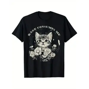 Humorous Cotton Cat Graphic TShirt Featuring Playful Kitten and Floral Design with Witty Rage Theme
