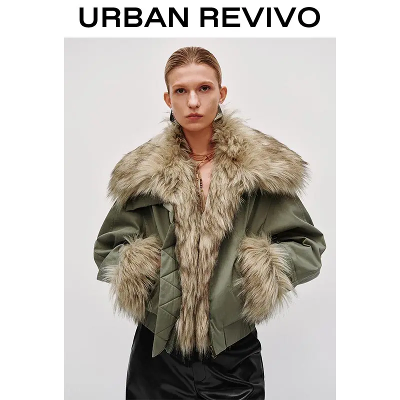 URBAN REVIVO Women's Contrast Faux Fur Trim Padded Long Sleeve Coat - Style UWJ150052, 1-Piece Casual Spring Statement Layer for Leggings Pairing
