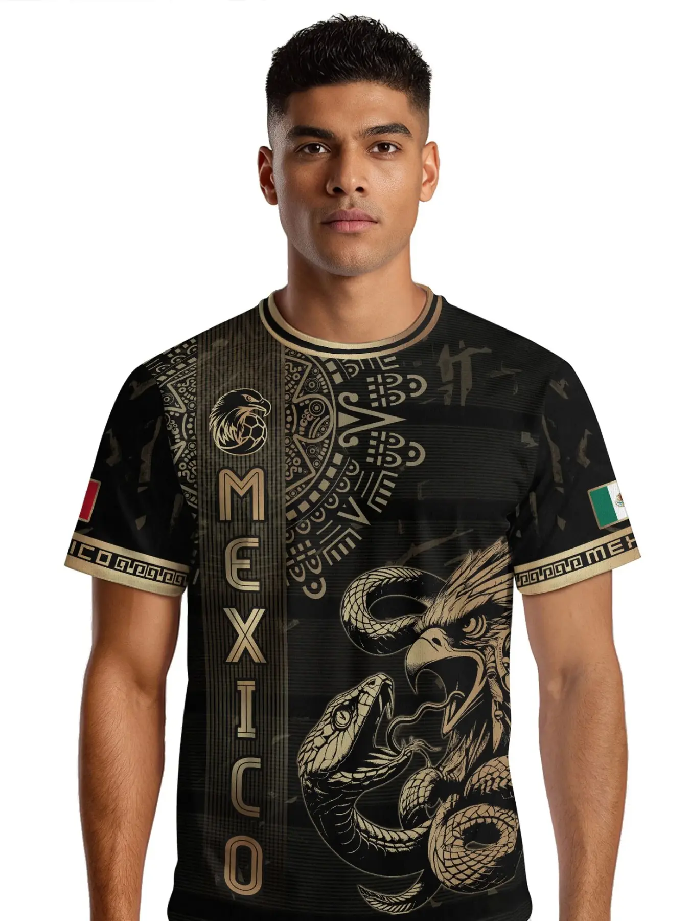 Mexico Soccer Jersey Gold Eagle Serpent Aztec Pattern, Fitted Sporty Design for All Seasons, Unique Animal Print & Ethnic Graphics, Athletic Tops For Men