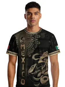 Mexico Soccer Jersey Gold Eagle Serpent Aztec Pattern, Fitted Sporty Design for All Seasons, Unique Animal Print & Ethnic Graphics