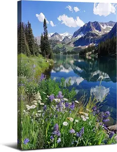 Rocky Mountain Canvas Wall Art National Park Posters Colorado Landscape Wall Decor Purple Flowers Pictures Nature Lake Reflection Scenery Painting Artwork for Living Room Office Home Decoration Gift Hanging unframed art Photo Memorial Ornaments Print