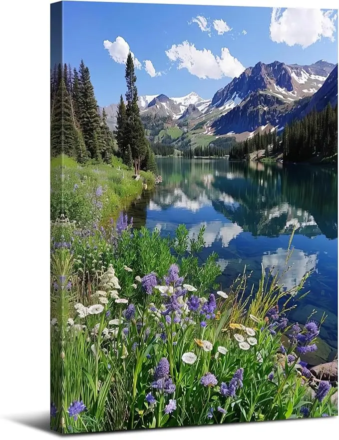 Rocky Mountain Canvas Wall Art National Park Posters Colorado Landscape Wall Decor Purple Flowers Pictures Nature Lake Reflection Scenery Painting Artwork for Living Room Office Home Decoration Gift Hanging unframed art Photo Memorial Ornaments Print