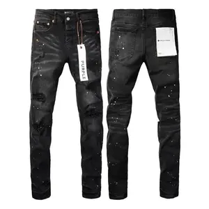 Men's jeans, casual and comfortable, perforated, fashionable straight leg slim fit jeans, torn elastic jeans, denim pants, street wear, black fabric men's clothing