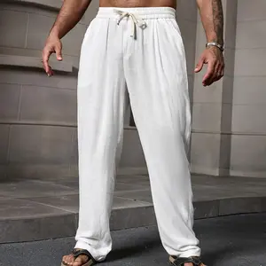 Mens Lightweight Linen Blend Pants with Crinkled Fabric and Multiple Solid Colors Breathable Material with Wide Leg Cut Perfect for Beach Days and All Season Casual Wear