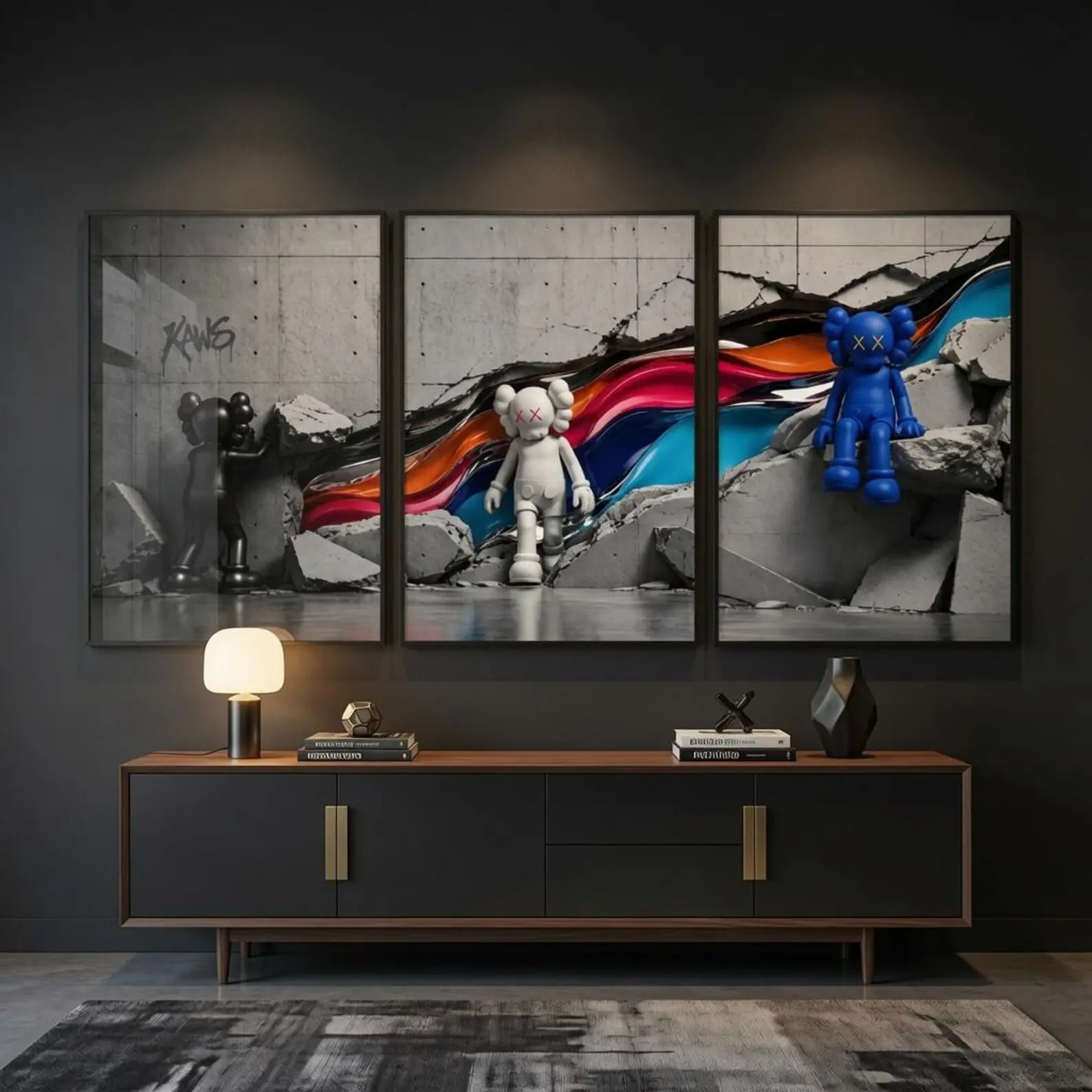 KAWS Graffiti Wall Art Set of 3 - Hypebeast Room Decor, KAWS Figure Prints, Streetwear Living Room Posters