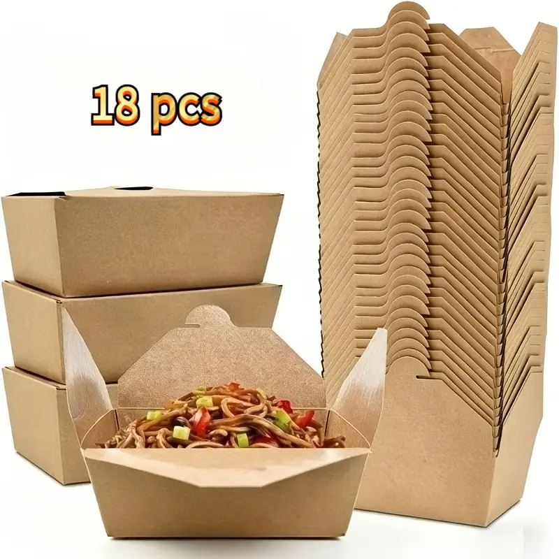 18pcs 25-ounce Kraft Paper Lunch Boxes, Pack of 18, Foldable Takeout Boxes, Leak-proof and Oil-proof, Suitable Lunch, Leftovers, and Restaurant Packaging