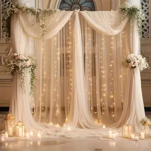 3pcs (2pcs 1.6 * 3m/62.9 * 118.3inch veil+1 light) Photo booth props Champagne colored chiffon background cloth Non porous chiffon with light string suitable for gifting