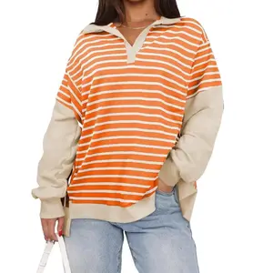 LOTUCY Women's Oversized Striped Sweatshirt Long Sleeve V Neck Colorblock Pullover Soft Lightweight Breathable Fabric Casual Fall Top