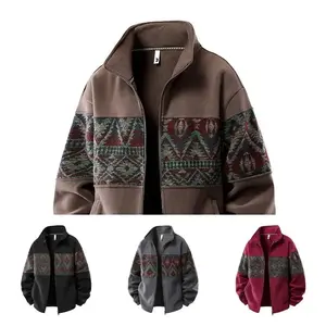 Men's Ethnic Pattern Full Zip Cardigan Sweatshirt, Stand Collar Casual Jacket, Fleece Lined Warm Loose Baseball Jersey, Men's Top for Autumn and Winter, Everyday Wear Sizes S-4XL