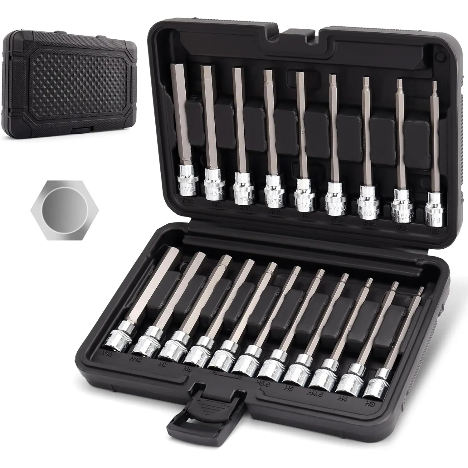20 count 3/8" Drive Extra Long Allen Hex Bit Socket Set - Long Allen Socket Set contain Metric Allen Sockets 3mm - 12mm | SAE Hex Sockets 1/8'' - 7/16'' with Storage Case for Repair and Assembly