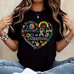 Autism Awareness Accept Love Understand Neurodiversity Love Needs No Words Rainbow Puzzle Piece Heart Design T-Shirt Crewneck Casual Wear For Autism Support And Awareness