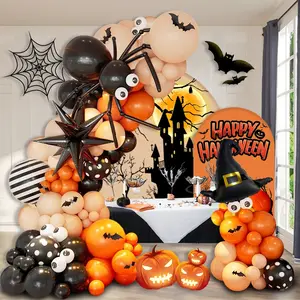 106pcs Halloween themed balloon arch set with orange black skin latex balloons paired with black exploding star wizard hats DIY spider shaped balloons perfect for Halloween parties Halloween outdoor fun party decoration