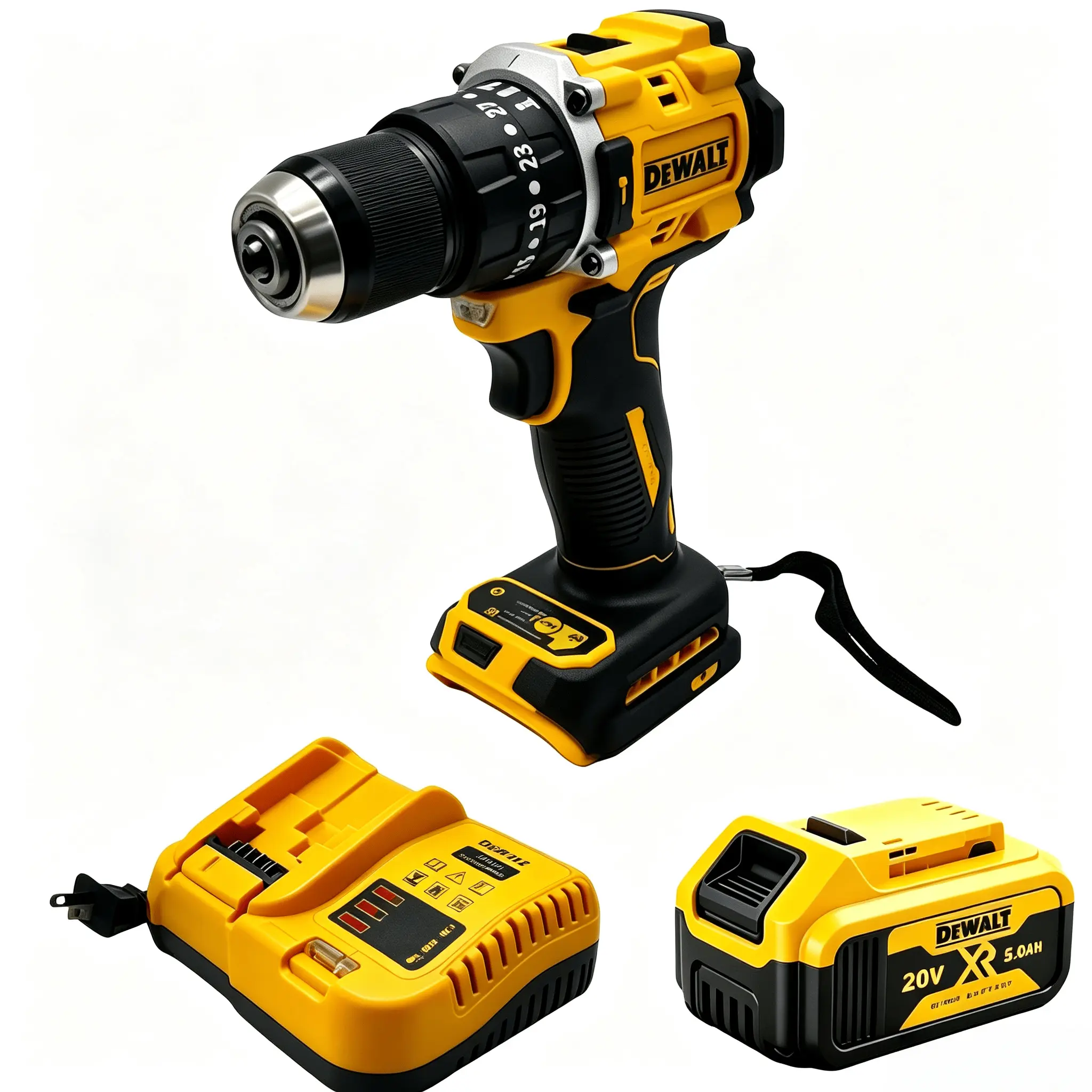 【 DEWALT】 20V Max Cordless Drill Driver Kit, Single Speed, High Performance Motor, Includes 1 XR 5.0Ah Li-Ion Battery & Charger, Ideal for Home Electronics, Furniture Repair & Garage Use, Easy Maneuverability