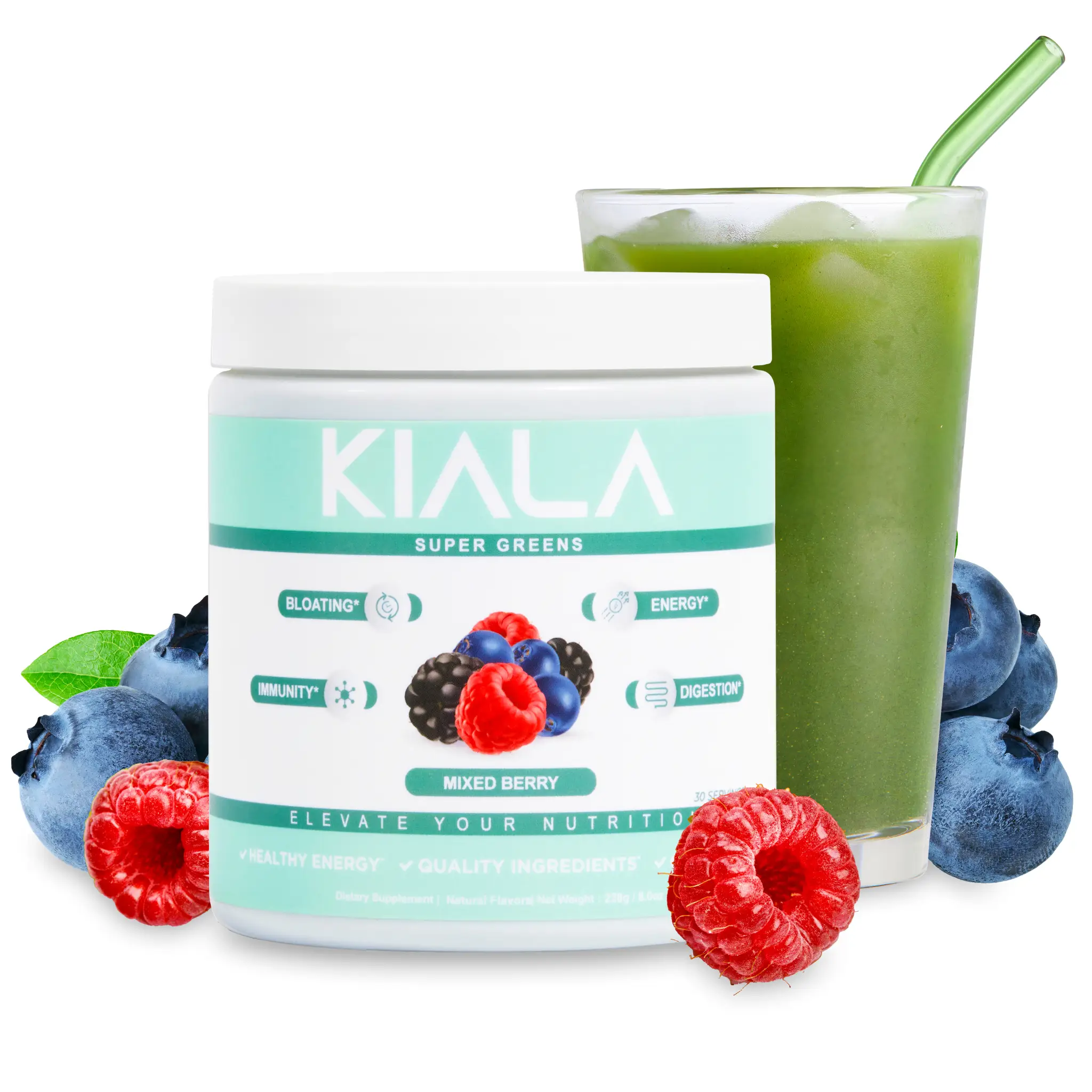 Kiala Nutrition Super Greens Powder Mixed Berry Flavor 30 Servings Organic Antioxidants for Digestive Health Bloating Relief Gut Skin Care Support Col