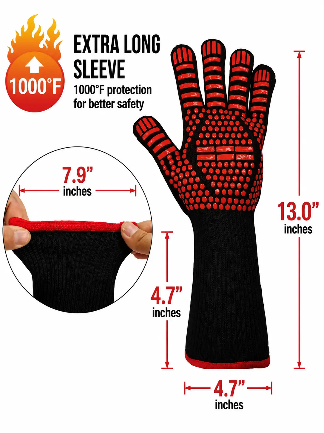 High-temperature resistant 1000°F-type gloves, silicone anti-slip, flame-retardant, fireproof, anti-scald kitchen insulation gloves, single BBQ glove