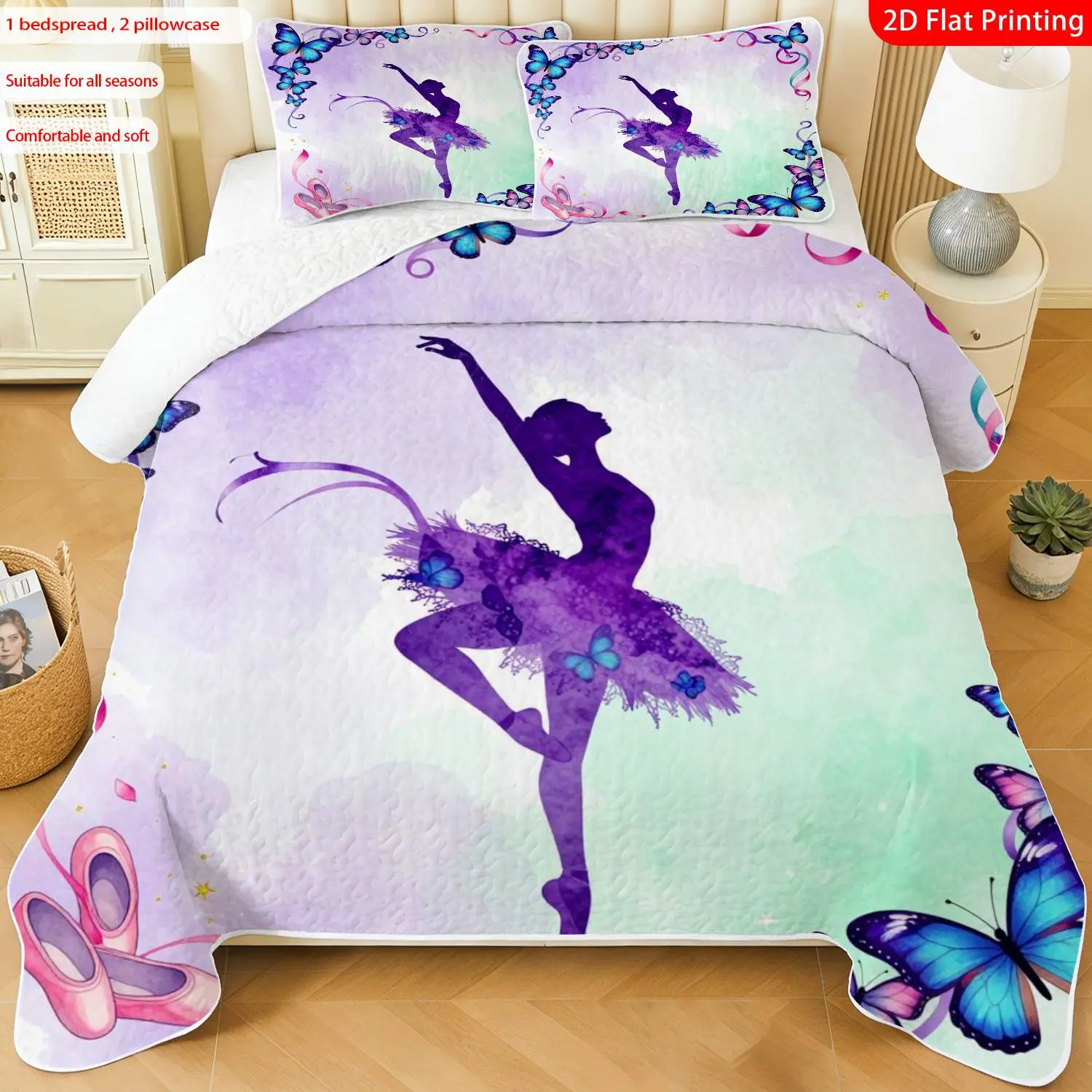 3 pcs, 2D flat print Watercolor Ballerina bed cover set with Butterfly & Ribbon theme, multiple sizes available, bedding set, festive decorative bedding, ideal for bedroom décor(1 bedspread , 2 pillowcase)