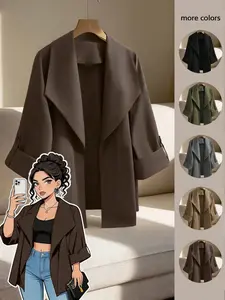 Women's Plus Size Open Front Jacket Tab Sleeve Draped Lapel Loose Casual Coat Solid Fall Winter Office Workwear Daily Commuter Trendy Outerwear