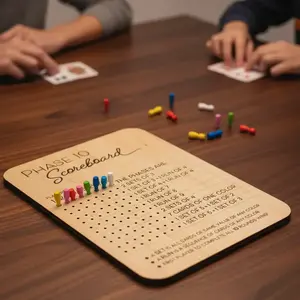 Wooden Phase 10 Score Board, 1 Set Wooden Phase Scoreboard with 8 Colored Pegs, Fun Table Board Card Game Accessories for Party Family Game Night, Strategy Board Games