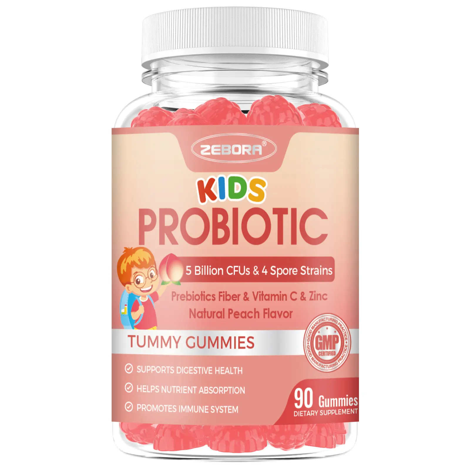 Kids Probiotic-Fiber Gummies, Probiotics-Fiber Gummies for Kids with 5 Billion CFUs & Prebiotics for Digestive Health, with Vitamin C and Zinc for Immune Support, 45 Servings, Natural Peach Flavor