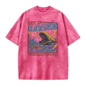 Men's Unisex Cotton Round Neck Oversized Washed T-Shirt - Christian Streetwear, Jonah and the Whale Graphic, "Get In Loser We're Doing God's Will" Verse, Faith Humor Fabric Style Religious Gift