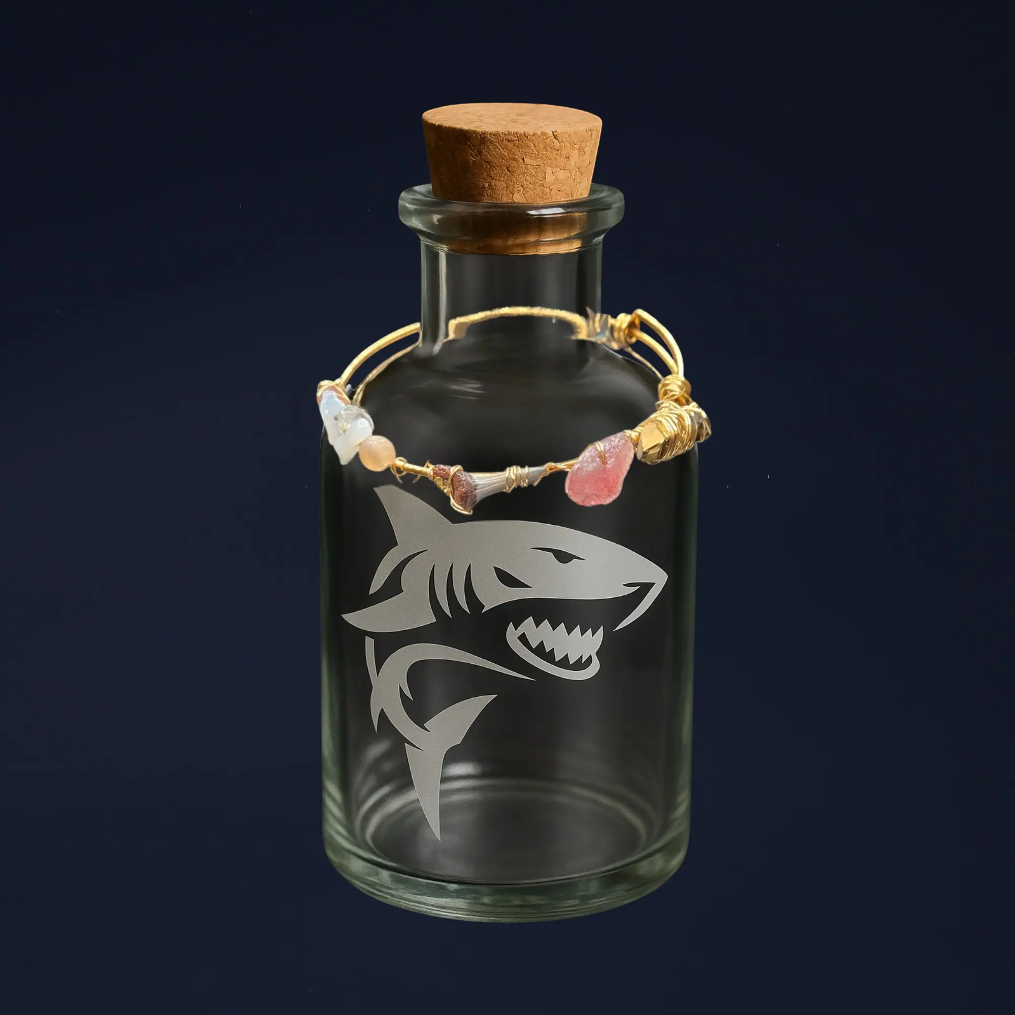 Fossilized Sharks Tooth Collectors Jar with Gold Accent & Quartz Stones Decorative Display Bottle for Shark Enthusiasts 6.5" H x 3.5" W x 3.5" D Glass Container Canister Tin Organiser