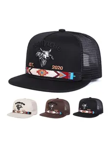 Men's Embroidered Bull Head Hip Hop Hat, Adjustable Mesh Back, Lightweight Sun Protection Cap with Colorful Trim, Mesh Baseball Cap, Embroidered Snapback Cap