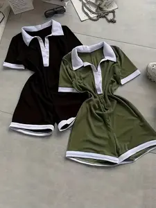 Women's 2-Piece Colorblock Lapel Design Waist Cinching Jumpsuit Set, Comfortable Casual Daily Commute, Sporty Outdoors Wear, Athletic Jumpsuits