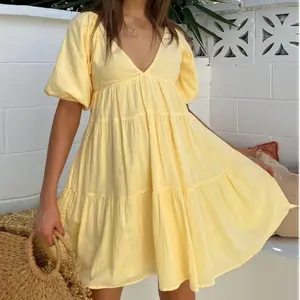 Women Maternity Summer Dress, Casual Solid Color Puff Sleeves V-Neck A-Line Dress for Photoshoot Pregnancy Clothes, Ladies Dress for Indoor Outdoor Wear, Ladies Clothes for Daily Wear