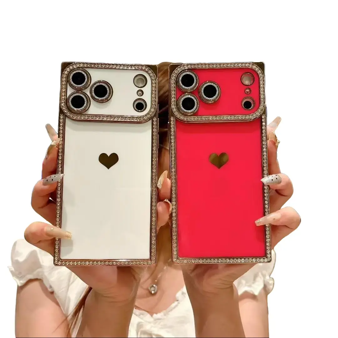 Women's Protective Square TPU Smartphone Case - Heart-Shaped Rhinestone-Encrusted, Shockproof, Custom Multi-Model Cover with Lens & Screen Protectors for iPhone 17 Pro Max,16,15 Pro Max,14,13,12 (Cellphone Accessories)