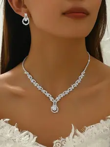 Women's Elegant Rhinestone Decorated Necklace & Earrings, Exquisite Trendy Jewelry Set, Teardrop Jewelry Set, Fashionable Accessories for Party & Daily Clothing Decor