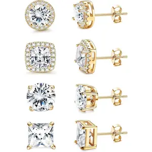 FINREZIO 4 Pairs Cubic Zirconia Stud Earrings White Golden Hypoallergenic Earrings Brilliant Large Halo Stud Earrings for Women Men Daily
