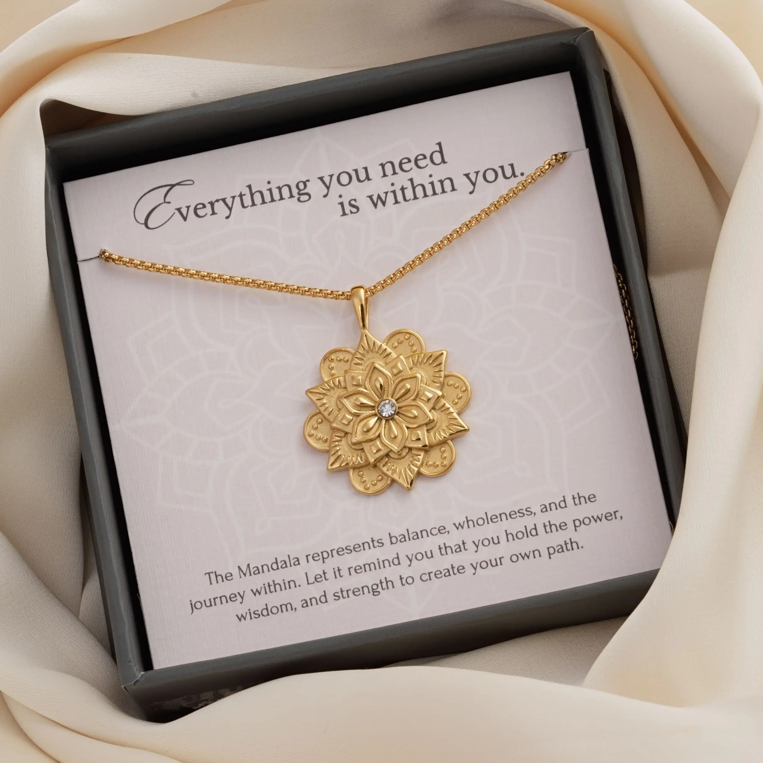 Mandala Gold Necklace - Inspirational Gift for Women - 18K Gold Plated Stainless Steel with Engraved "Everything You Need Is Within You" - Adjustable