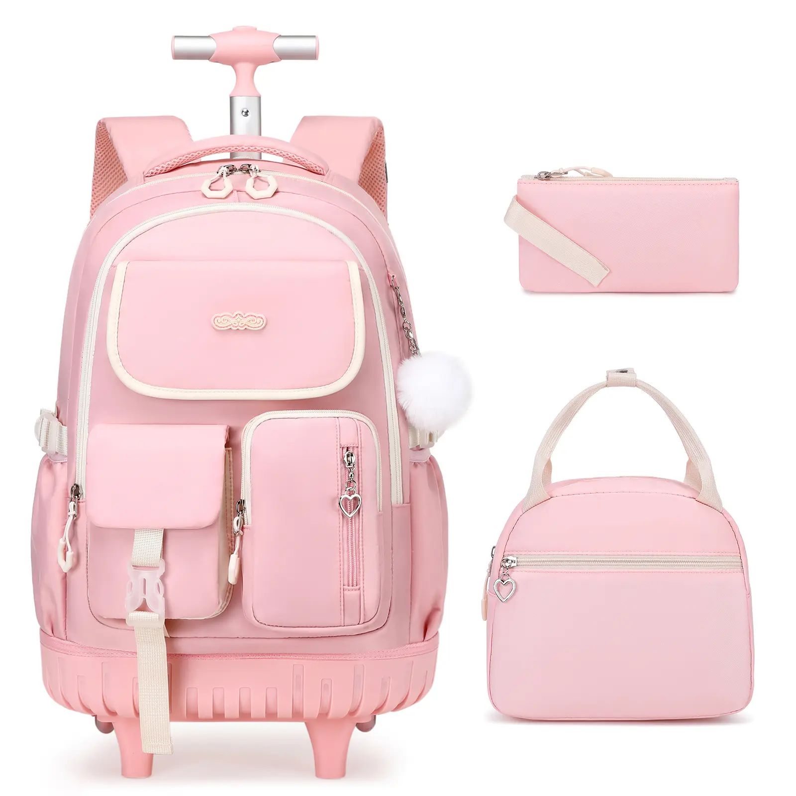 SIMILOVE Kawaii 3-Piece Girls' Rolling Backpack Set - 3-in-1 for Elementary Students, Daily Schooling, Tearproof Fabric, Desk-Fit Foldable, Retractable Wheels, Built-In Organization, Lunch Bag, Pencil Case, 12.2in L x 7in W x 17.7in H, Three Pieces