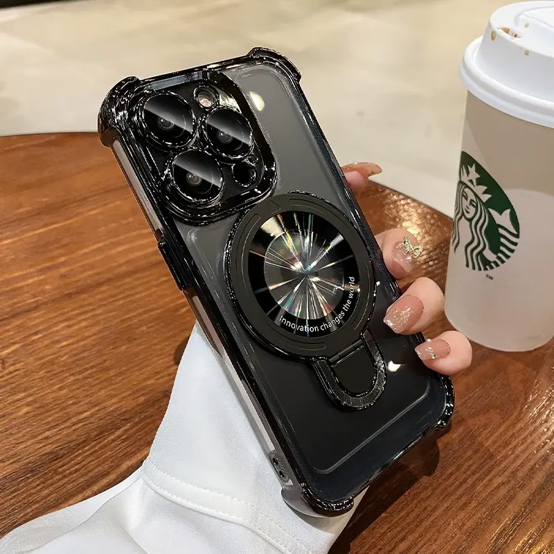 Magnetic bracket transparent adhesive phone case with four corner air cushion lens protective film suitable for iPhone 16 Promax/iPhone phone case