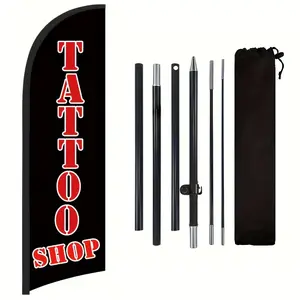 Tattoo Shop Flag, Polyester Advertising Flag with Flag Pole and Ground Stake, Outdoor Promotion Banner Decoration