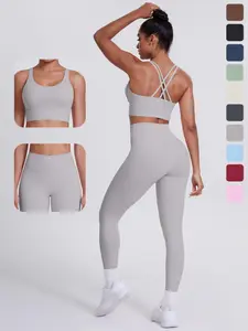 Women's Solid Color Cropped Sports Bra & High-Waist Leggings Set, Sporty Casual Breathable Outfit for Yoga, Gym Workout and Running, Women's Fitness Outfit for Summer