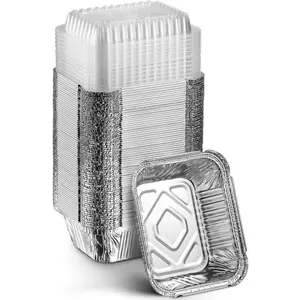 Disposable Takeaway Plate with Transparent Lid| 1lb Capacity Aluminum Foil Food Container with Strong Seal for Fresh Keeping and Splash Proof| Eco-friendly and Recyclable| 50 Pack 5x4 "Drip Tray