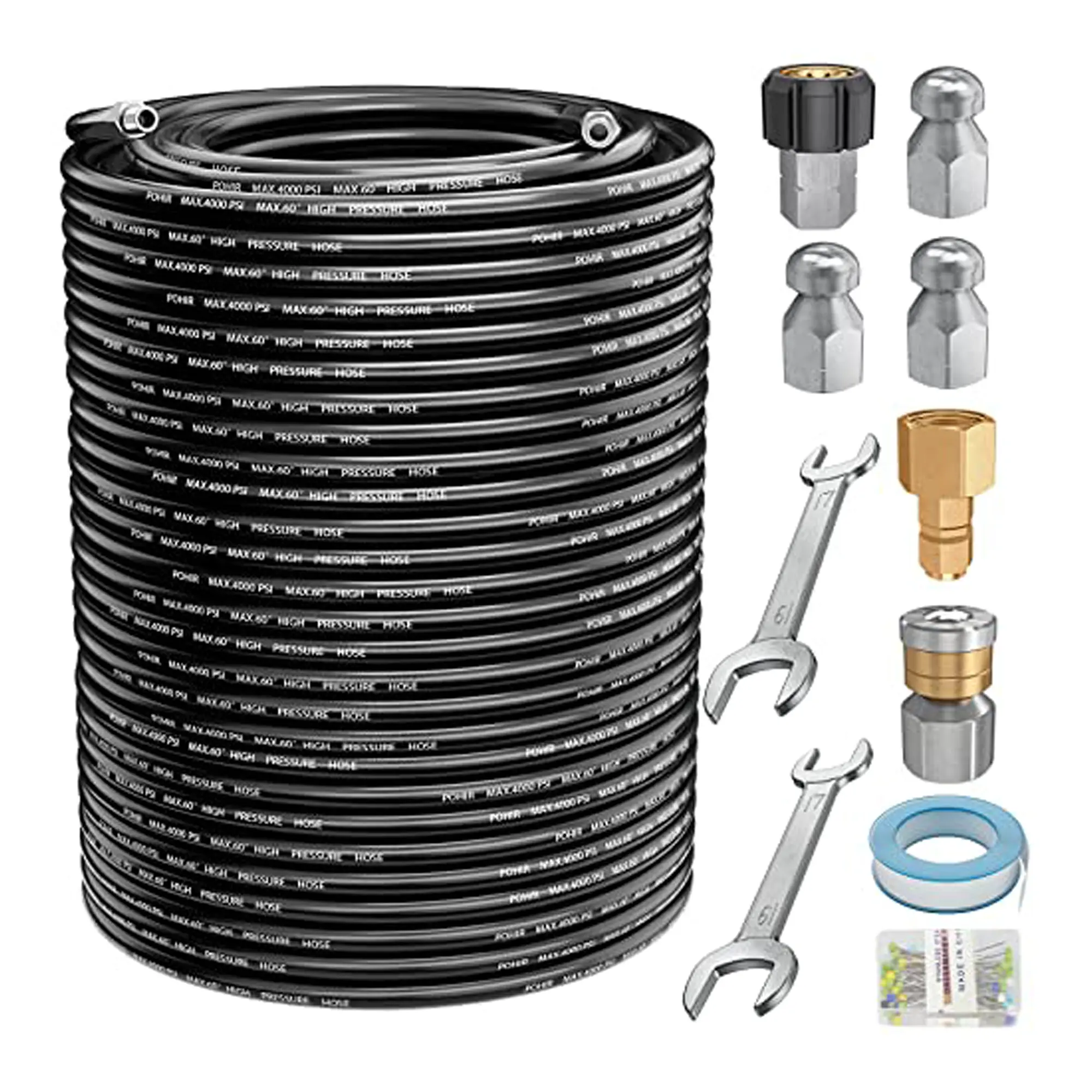 Summervibes POHIR Pressure Washer Sewer Jetter Kit, 4000PSI Rated Pressure Washer Attachment with 1/4 Inch NPT 360° Rotation Jet Nozzle, Wand, Quick Connect Kit, PE Pipe, Button Nose, Spanner, Waterproof Tape, Pearl Corsage Pin